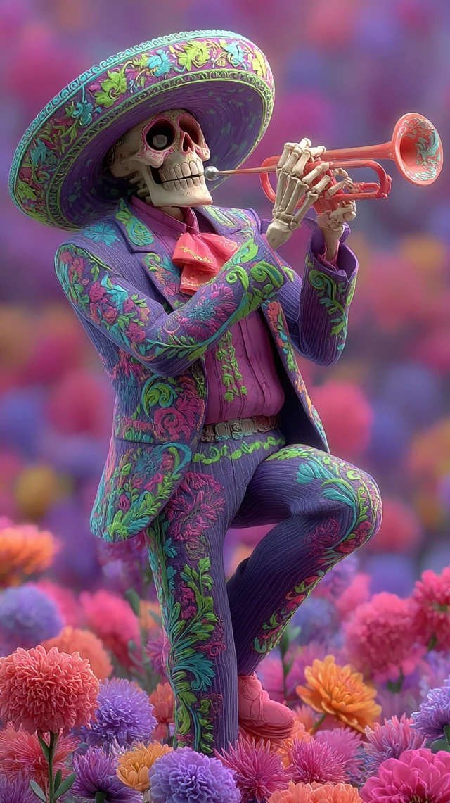 Mexican Skull Mariachi Trumpet 3D Art