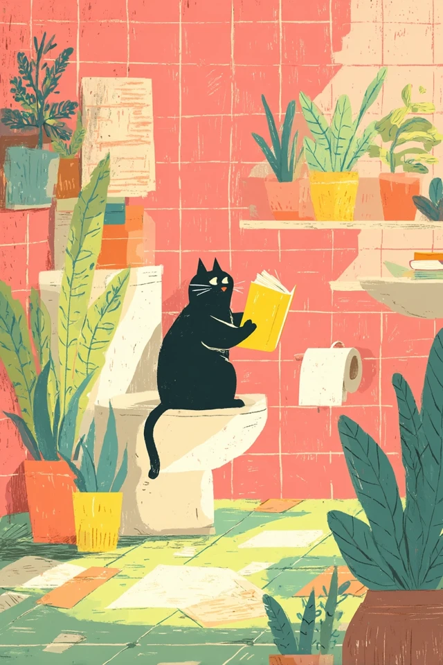 Black Cat Reading Book in Bathroom Illustration
