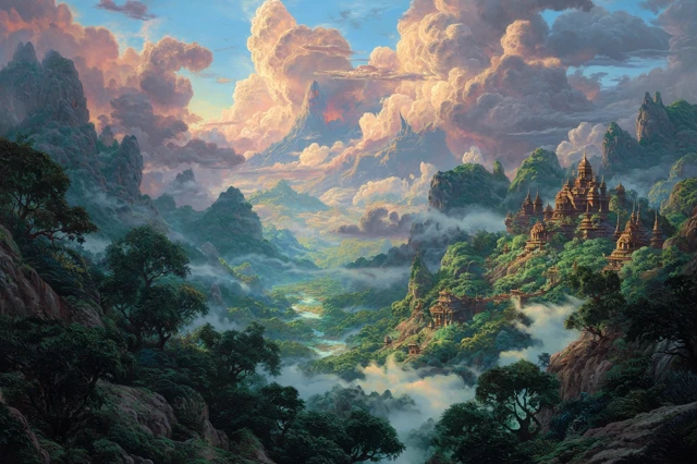 Fantasy Landscape Painting with Volcano and Temples
