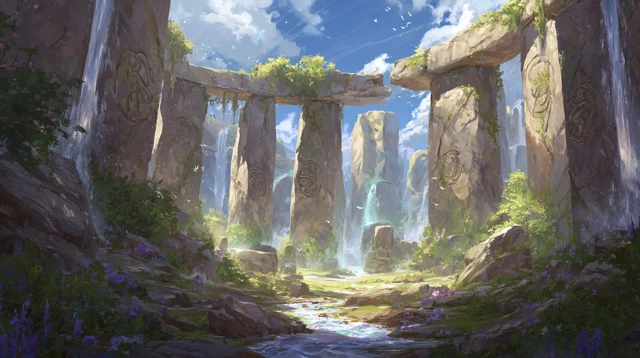 Stonehenge Fantasy Landscape Waterfalls Valley