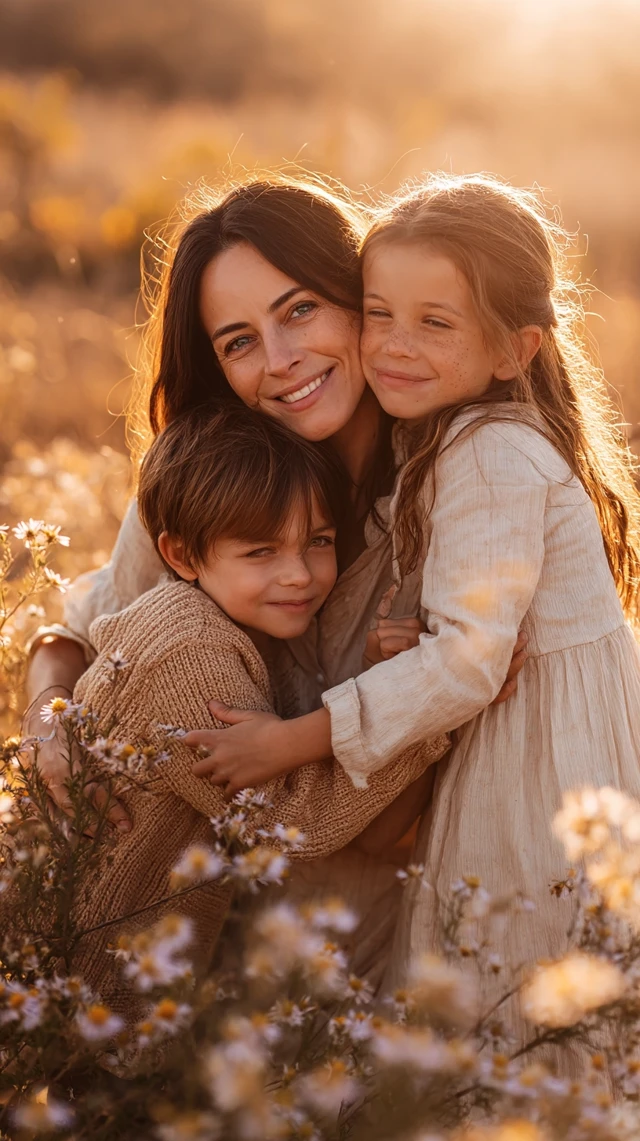 Loving Mother and Children Embrace Outdoors in Golden Hour