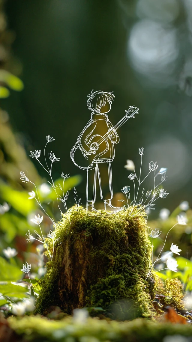 Boy Playing Guitar in Nature Minimalist Art