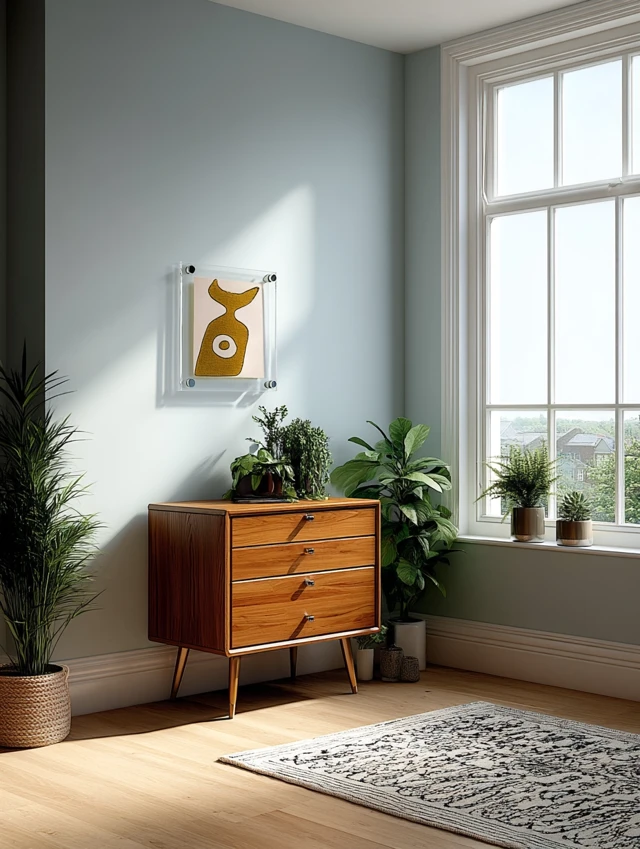 Brightly Lit Room with Floating Frame and Plants
