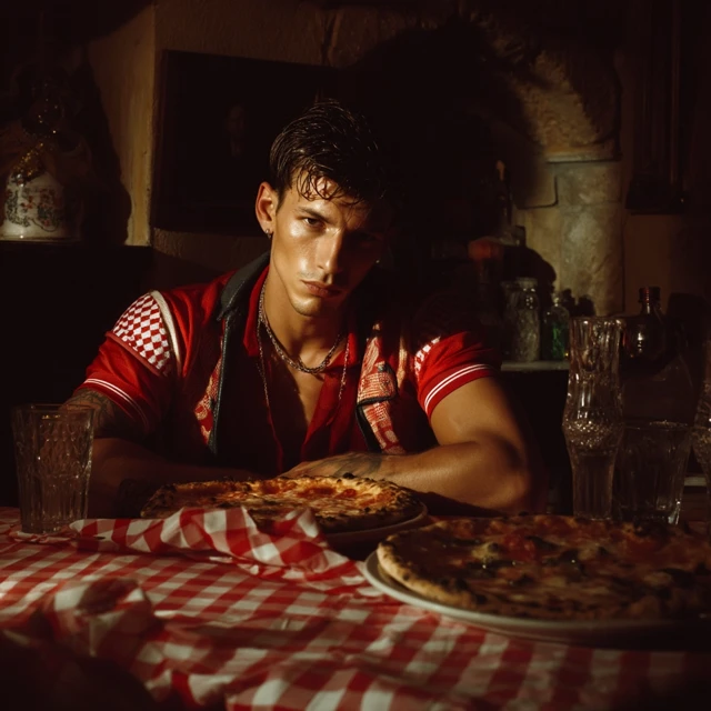 Arrogant Model Eating Pizza in Italian Restaurant