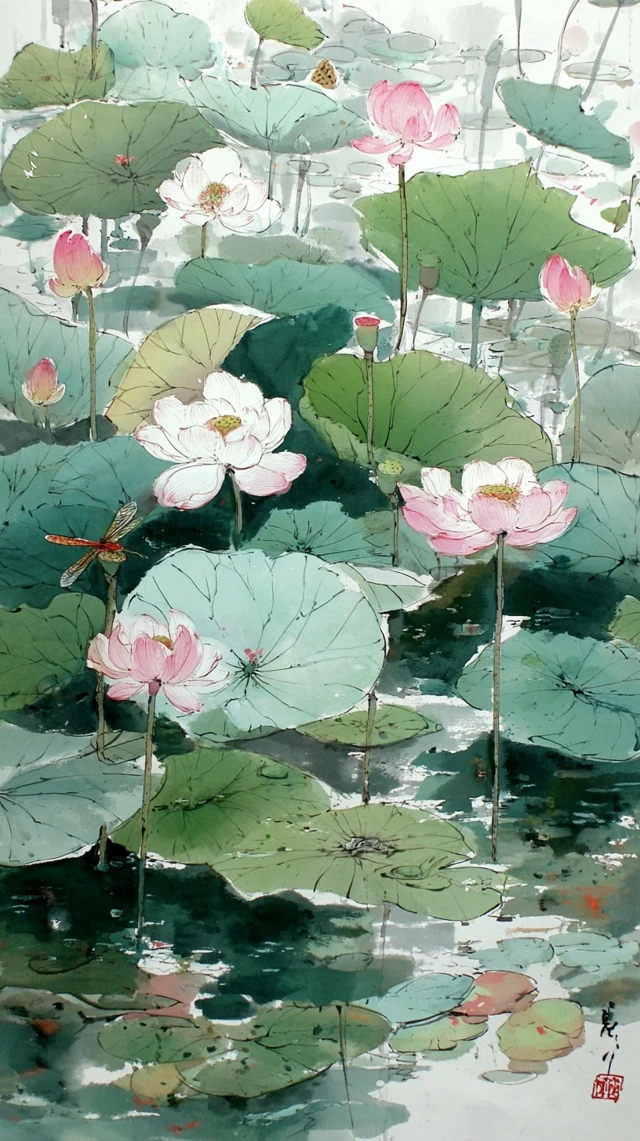Chinese Painting Lotus Flowers Summer Pond Art