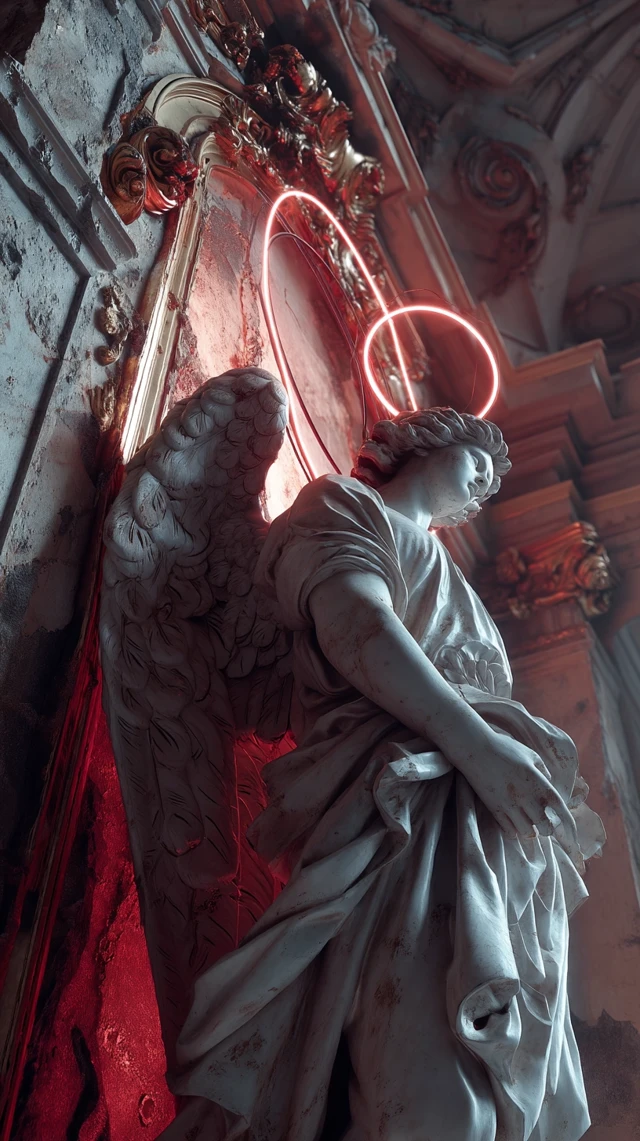 Cyberpunk Angel Statue in Decaying Cathedral