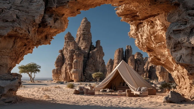 Saudi Desert Tent Scene Natural Rock Formations