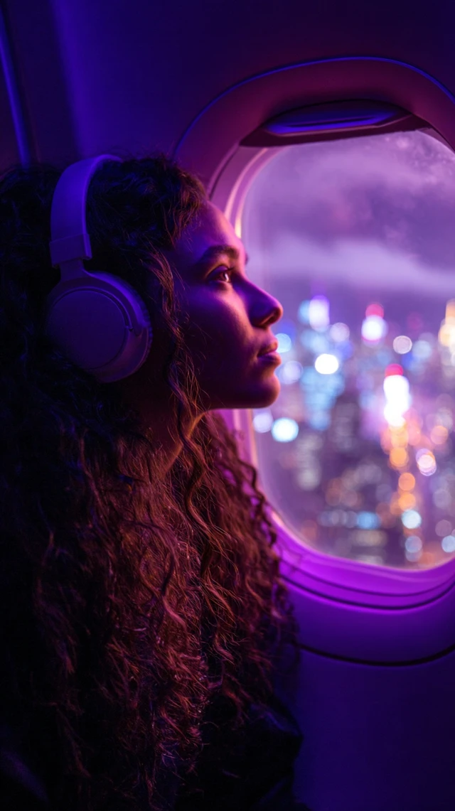 Woman on Airplane New York Night View