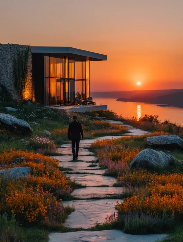Modern Villa Sunset Reflection Architecture Photo