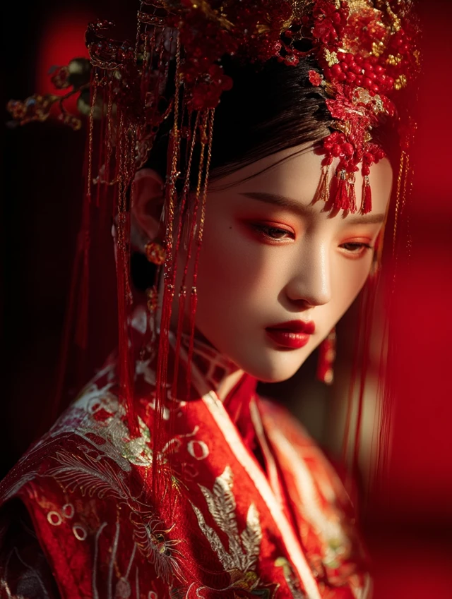 Elegant Woman in Red Wedding Dress
