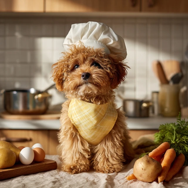 Cute Maltipoo Puppy Chef In Kitchen