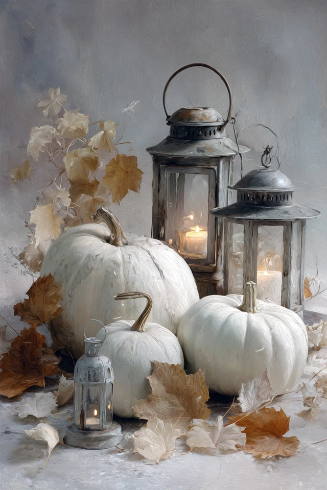Autumn Still Life White Pumpkins Lanterns Art