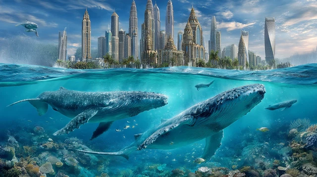 Sunken Coral City Whales Swimming Underwater