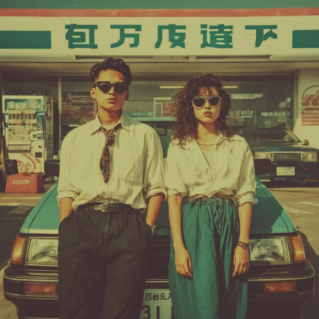 Japanese Couple in 80s Fashion at Gas Station