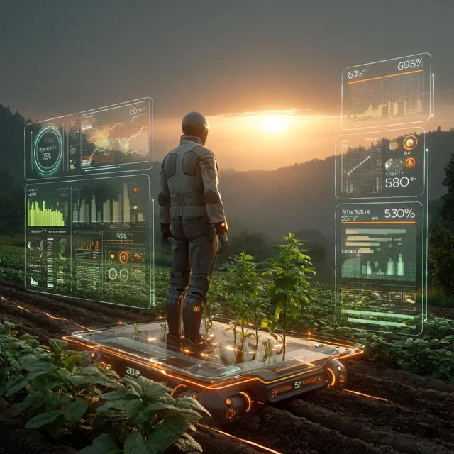 Futuristic Farming Technology in Sunset Landscape