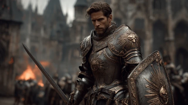 Heroic Knight In Golden Armor Burning Village