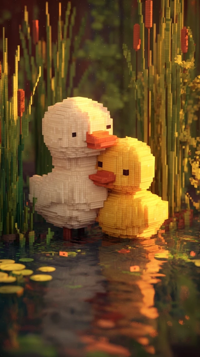 Minecraft Pixel Ducks Embracing by a Lake