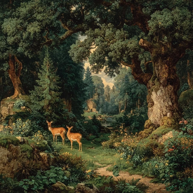 Mystical Forest Oil Painting Baroque Deer Scene