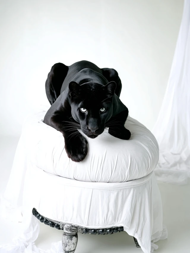 Black Panther on White Sofa Hyperrealism Product Shoot