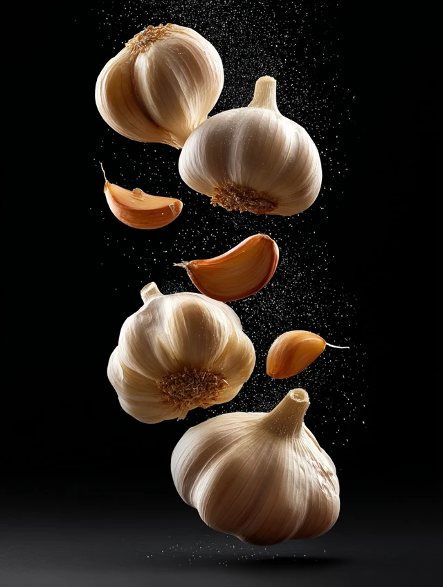Garlic Cloves Floating Black Background