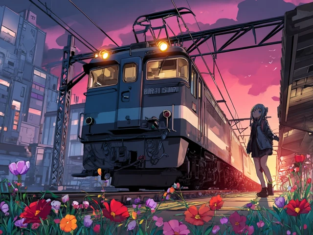 Anime Girl at Train Station Sunset Scene