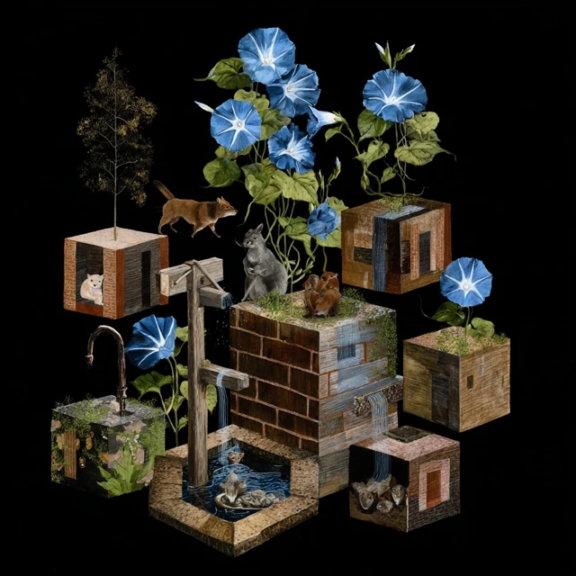 Collage Art of Cubic Worlds with Animals and Flowers