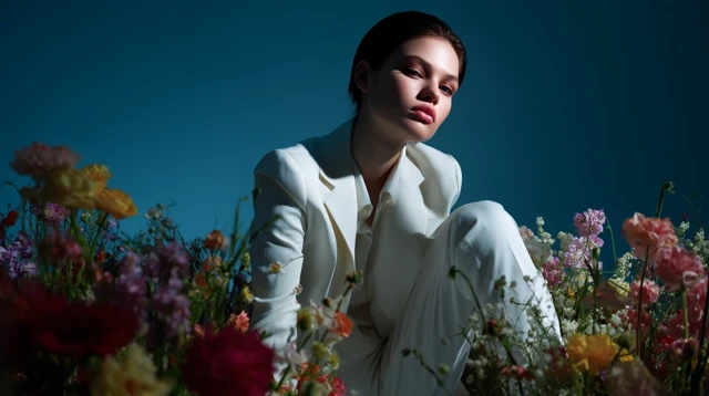 Floral Personification Female Model in White Suit