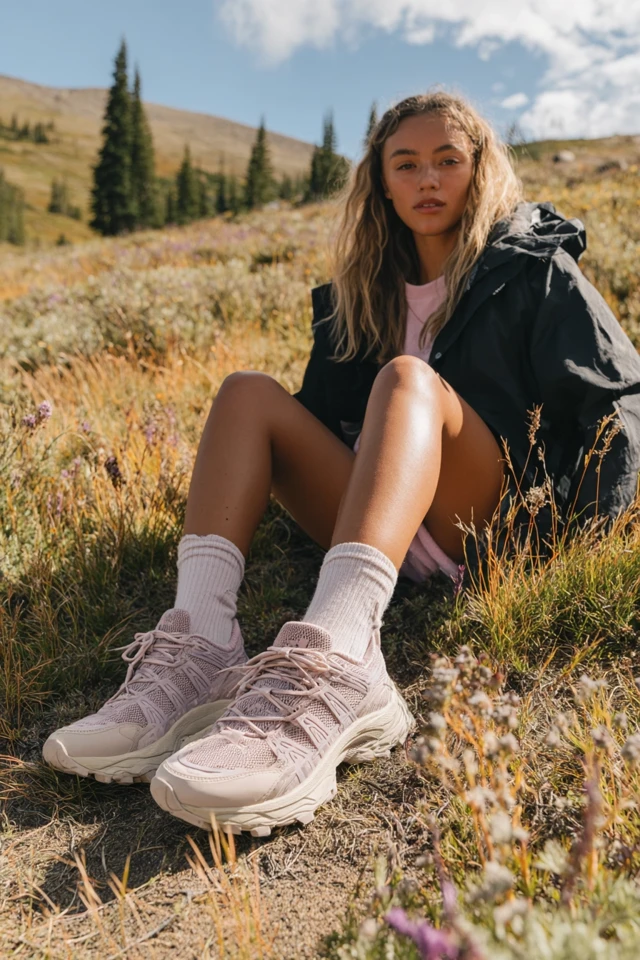 Pink Trail Sneakers in a Mountain Field