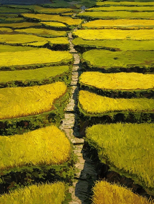 Golden Rice Paddies Path Landscape Art