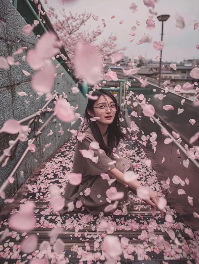 College Student in Cherry Blossoms Movie Scene