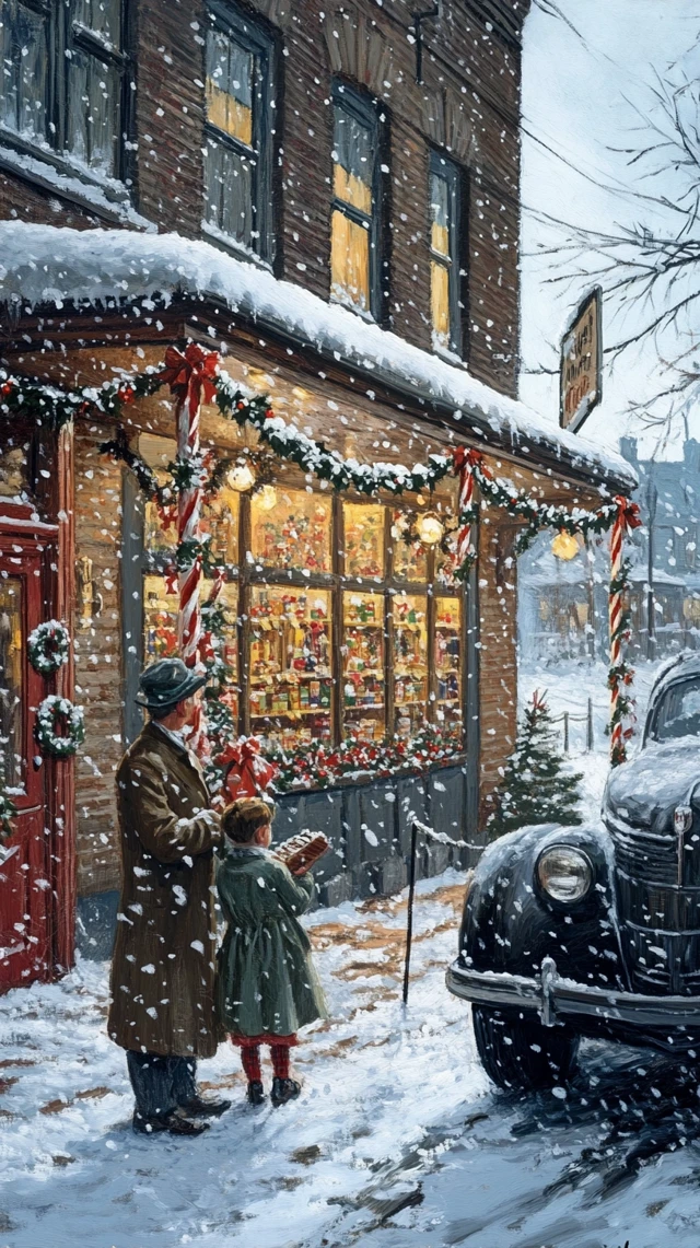 1940s American Christmas Illustration Family in Store