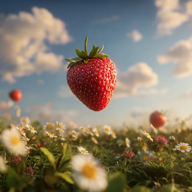 Juicy Strawberry Hovering Over a Flower Field Photo