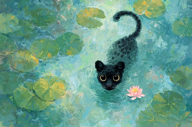 Black Panther in Monet Style Lily Pond