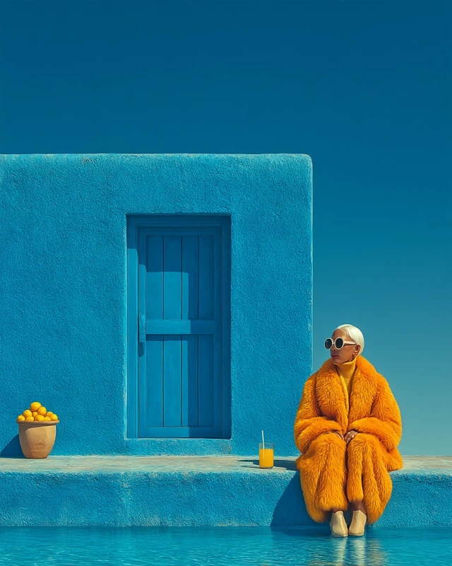 Eccentric Lady in Orange Coat by the Pool