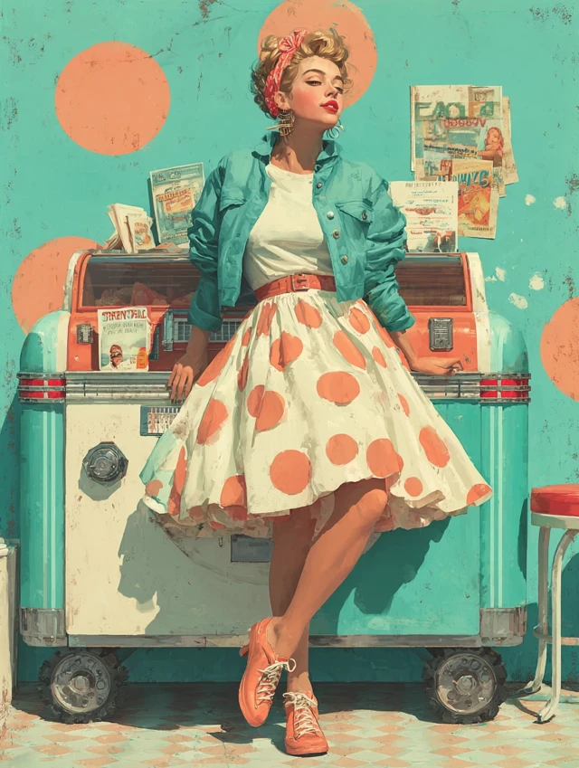 Retro 1950s Illustration Dancing Woman Diner
