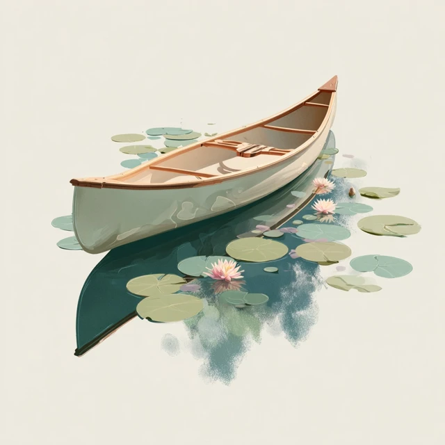 Canoe on Calm Lake Lily Pads Minimalist Illustration