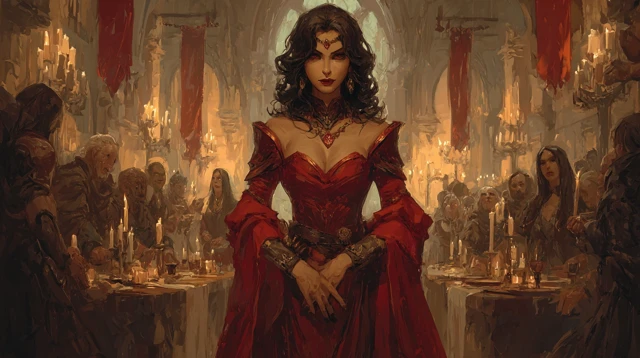 Regal Vampire Socialite in Red Robes Fantasy Art