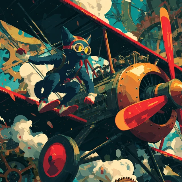 Rubber Hose Cat Pilot Steampunk Biplane Adventure