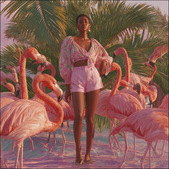 Jamaican Woman with Flamingos: Tropical Fashion