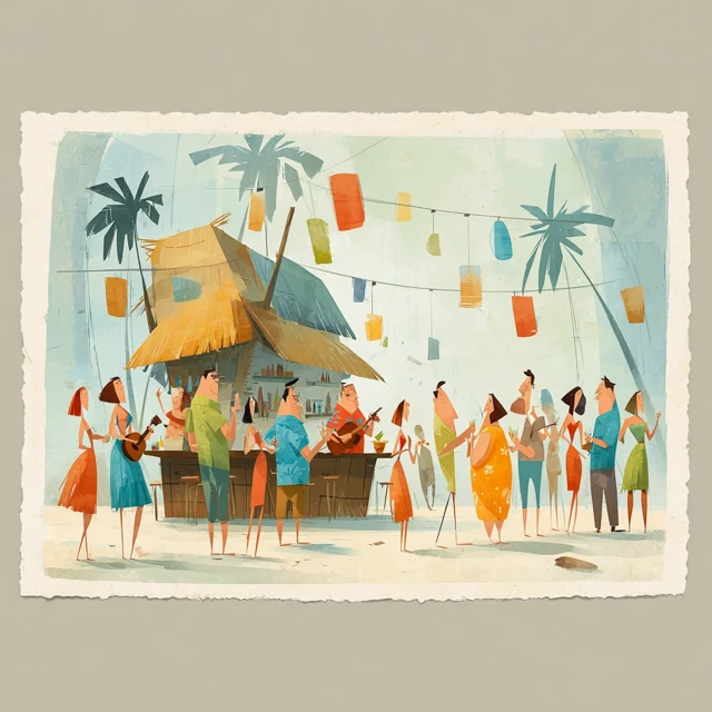 Tropical Tiki Bar Illustration Hula Dancers Ukulele Music