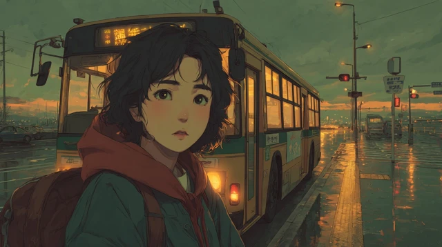 Anime Girl at Bus Stop Rainy Evening Illustration