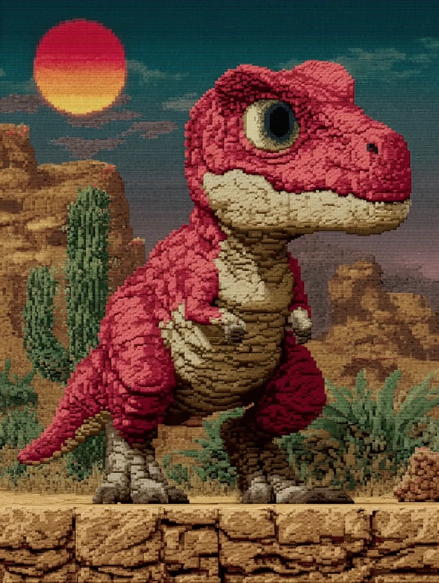 Pixel Dino in Desert Nintendo Style