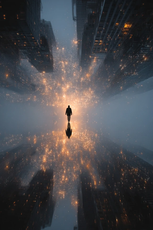 Dreamlike World Boy Floating Between City and Stars