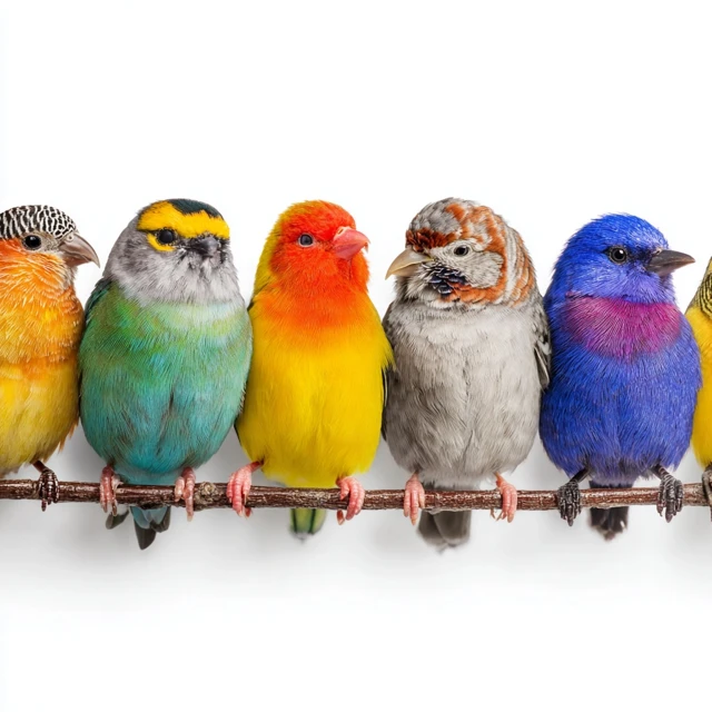 Colorful Birds on White Background Stock Photo