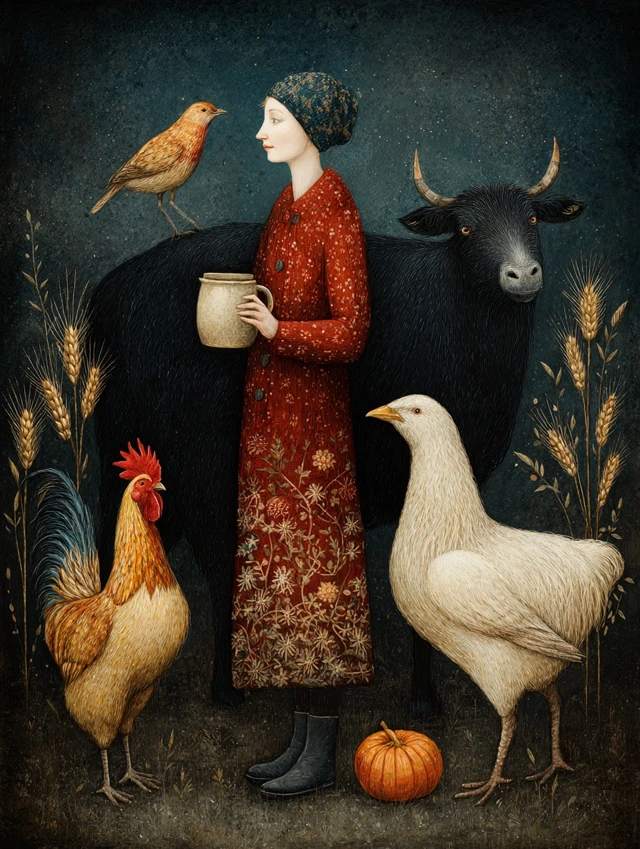 Whimsical Folk Art Farm Life Illustration