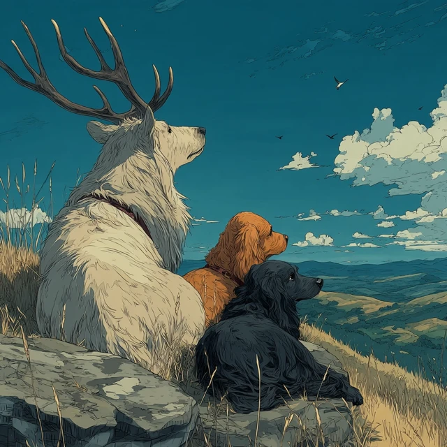Proud Deer and Cocker Spaniels Ghibli Style