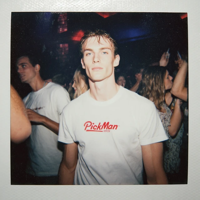 90s Nightclub Photo of Model with PickMan Shirt