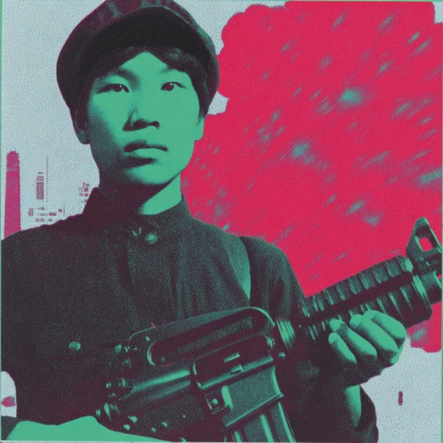 Asian Boy in Uniform with Weapon War Scene