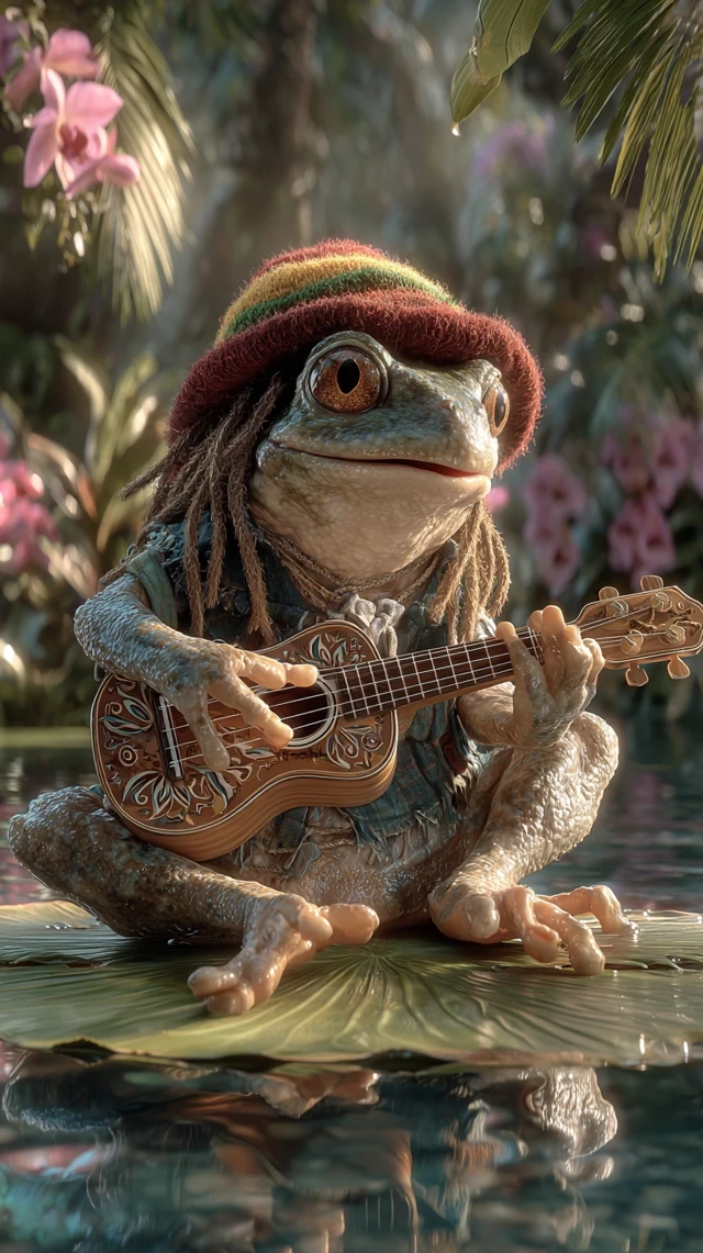 Singing Frog with Ukulele Tropical Scene