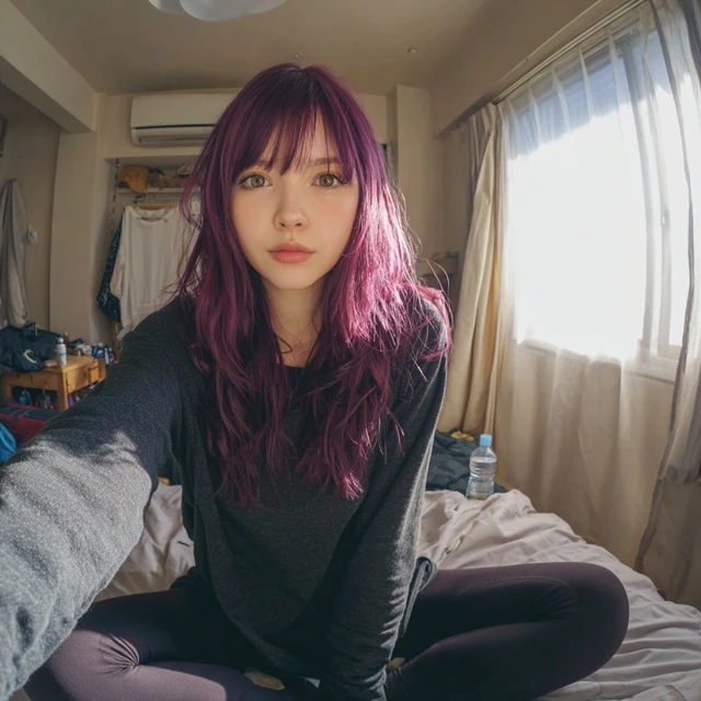 Japanese Girl Purple Hair Selfie in Cozy Room